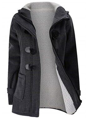 Womens Hooded Fleece Coat Horn Button Winter Warm Pea Coat Jacket